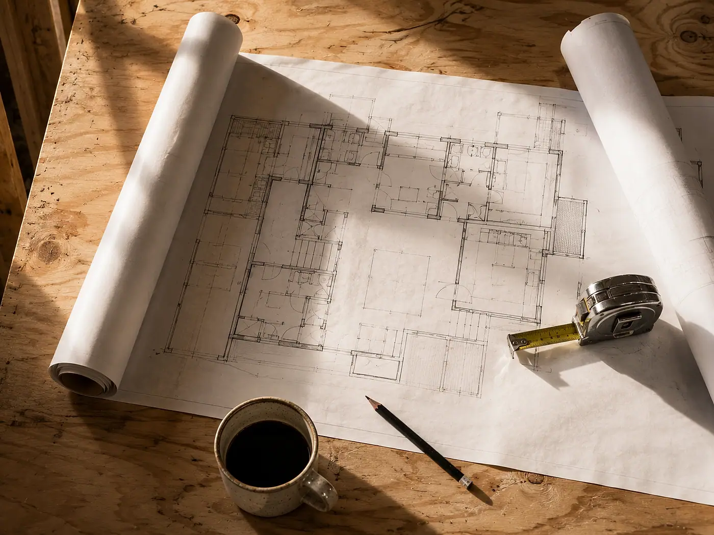 Architectural drawings unrolled on a plywood work surface beside a tape measure, a pencil and a cup of coffee.