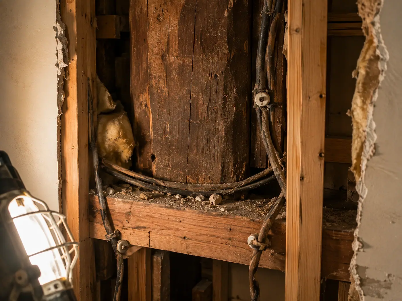 An opened wall during renovation revealing old wiring and pipework wrapped around aged timber framing.