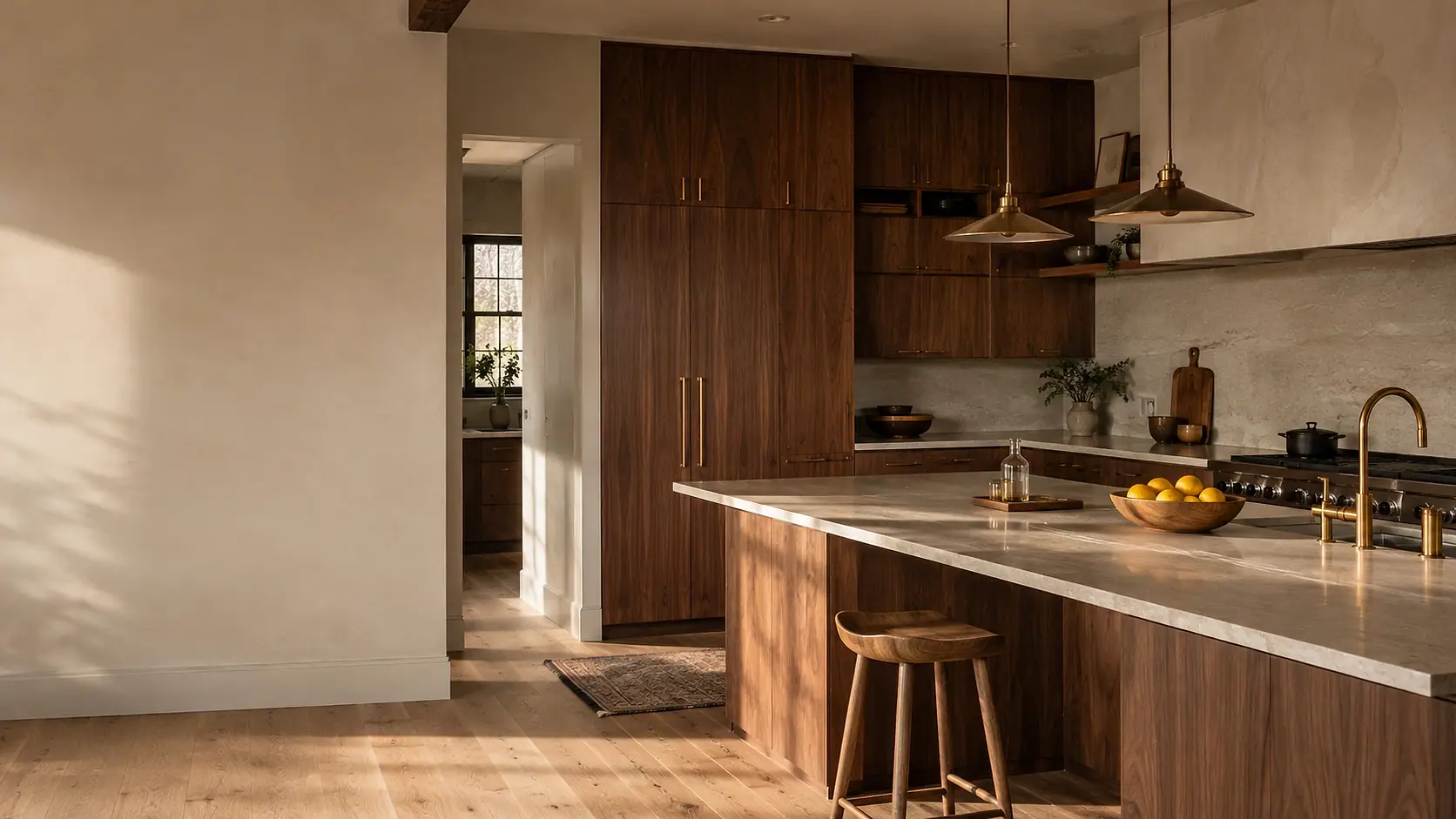 A remodelled open-plan kitchen with walnut cabinetry, a stone island and brass pendant lights in warm daylight.