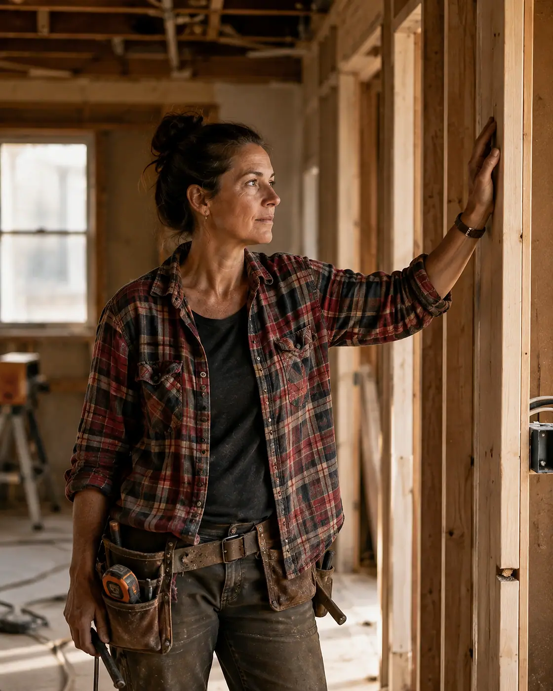 A contractor in a flannel shirt standing in a partly framed room with one hand resting on a stud.