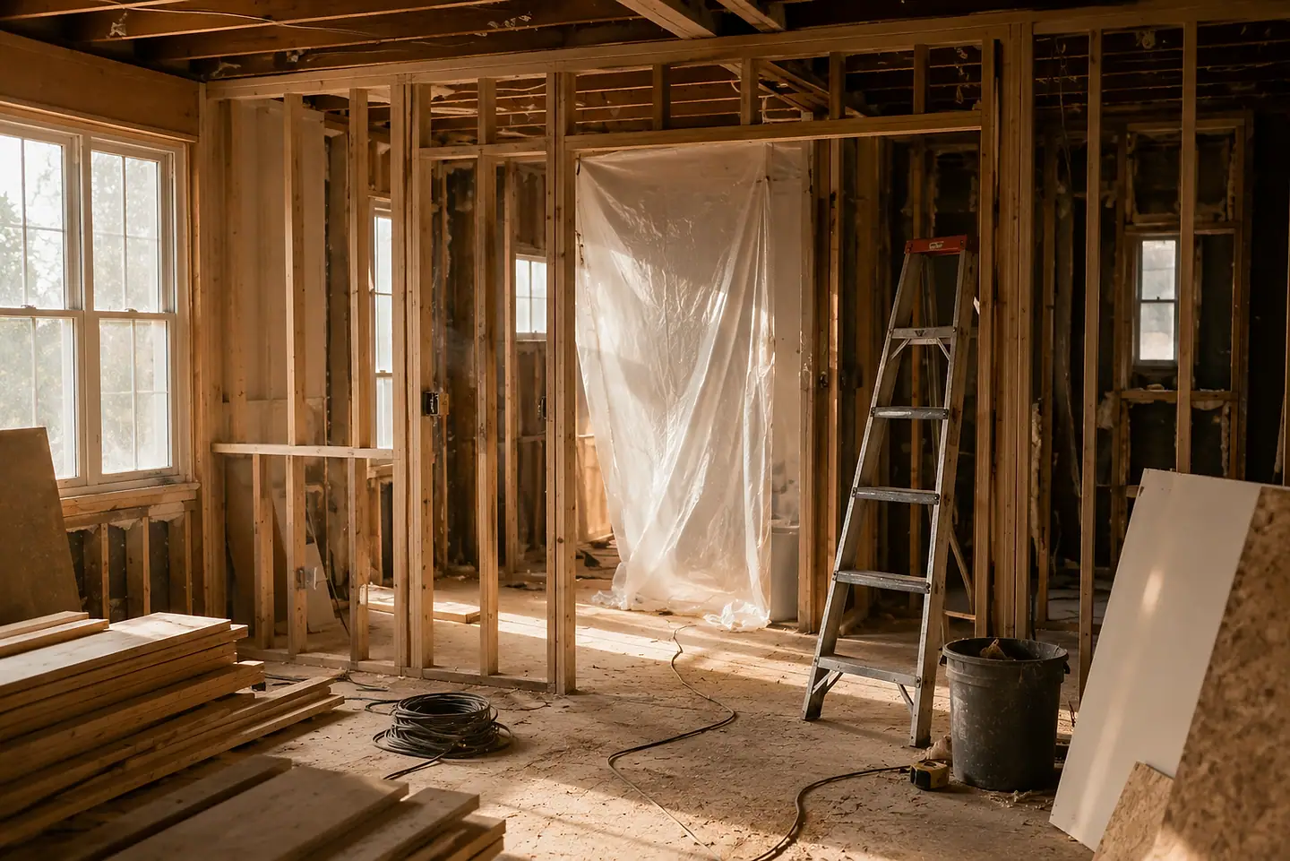 A room mid-renovation with exposed timber stud framing, plastic sheeting hung across an opening and a stepladder.
